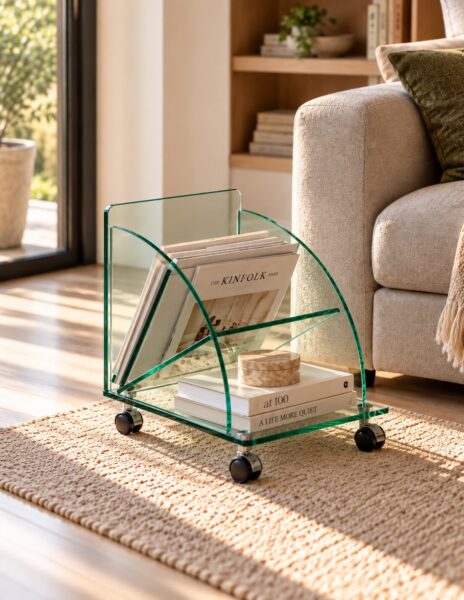 Mesa COIMBRA, baja, ruedas, cristal, 38*38*43 cms