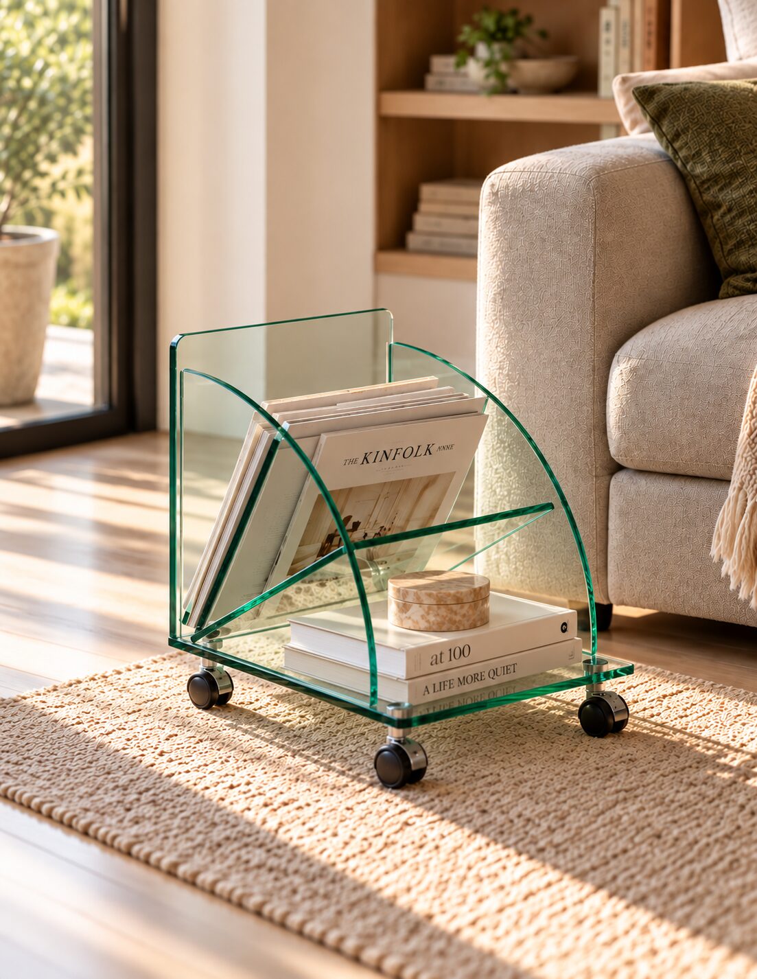 Mesa COIMBRA, baja, ruedas, cristal, 38*38*43 cms