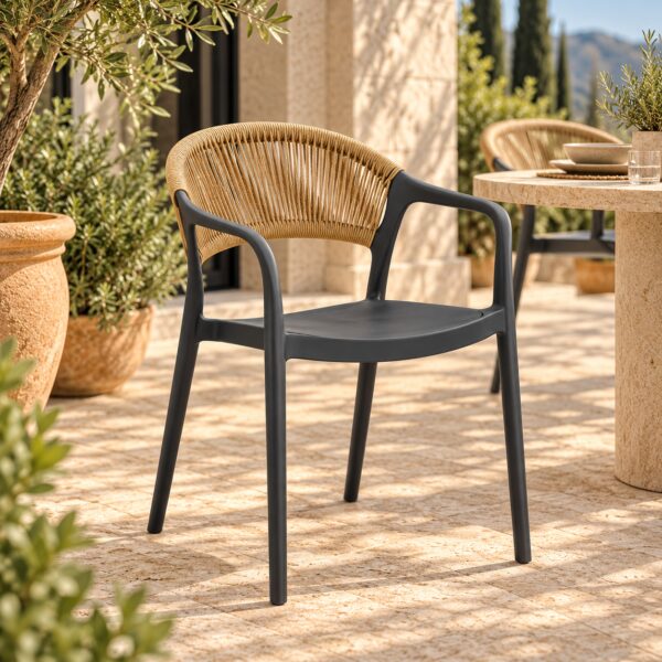 Sillón IBIZA, apilable, tratamiento anti UV, polipropileno gris oscuro, cuerda natural