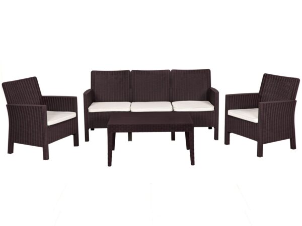 Set ADRIÁTICO, 2 Sillones + Sofá 3 plazas + mesa, polipropileno chocolate, cojines incluidos