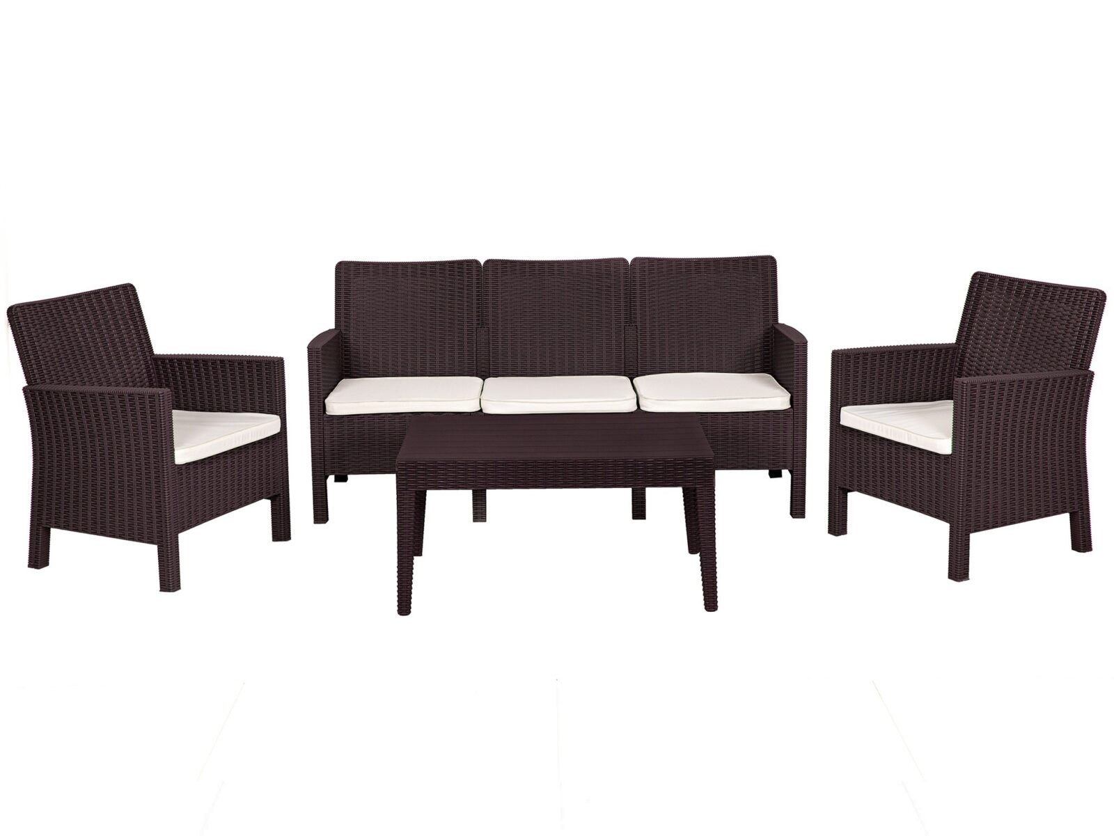 Set ADRIÁTICO, 2 Sillones + Sofá 3 plazas + mesa, polipropileno chocolate, cojines incluidos