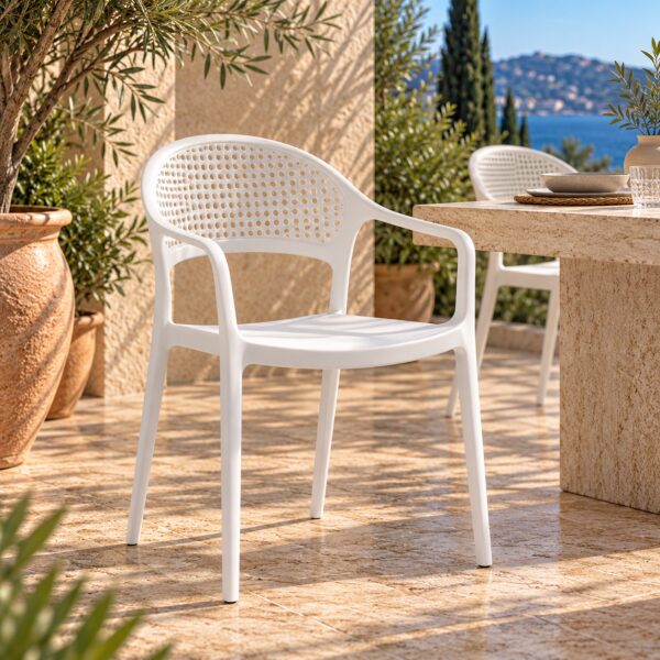 Sillón CASCAIS, apilable, imitación ratán, polipropileno blanco