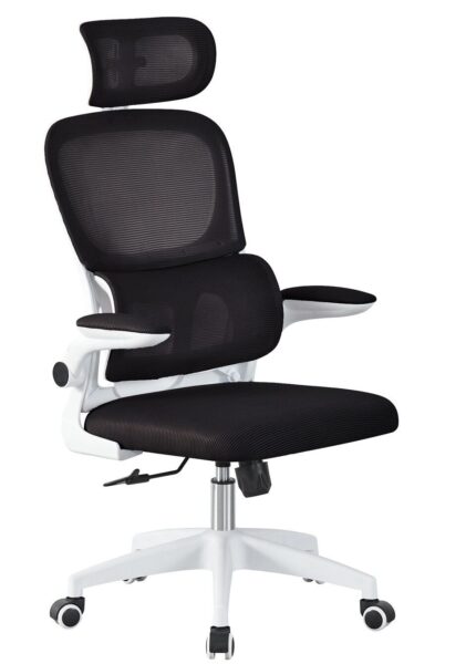 Sillón de oficina BERNAY, alto, blanco, malla y asiento negro