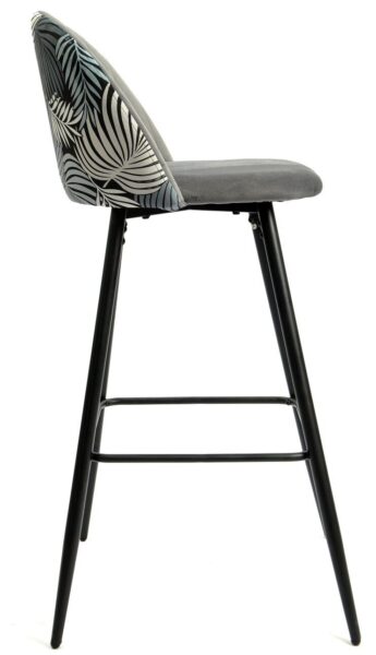 Taburete FLORAL, metal, tapizado velvet gris con trasera floral a juego