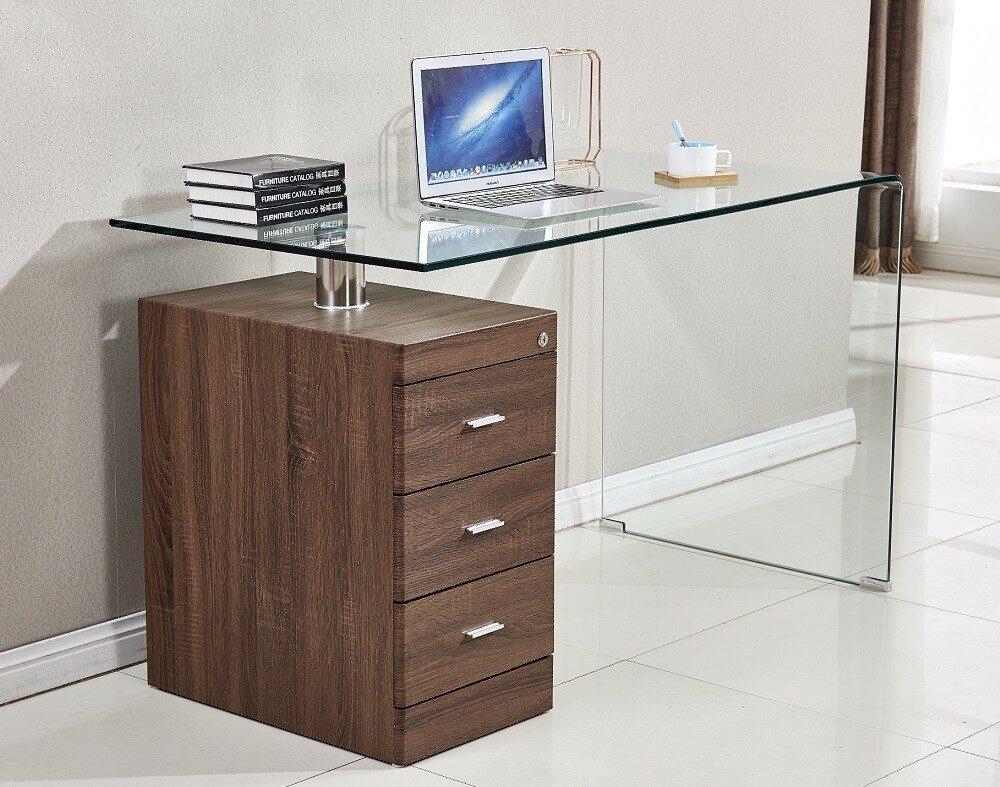 Mesa ARTEMISA, cristal curvado, cajonera bilaminada, 125×65 cms