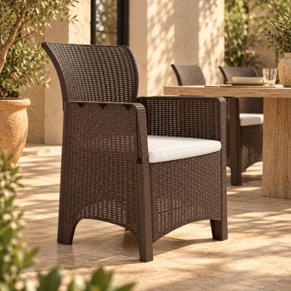 Sillón ILEÓN, polipropileno marrón chocolate, cojín beige