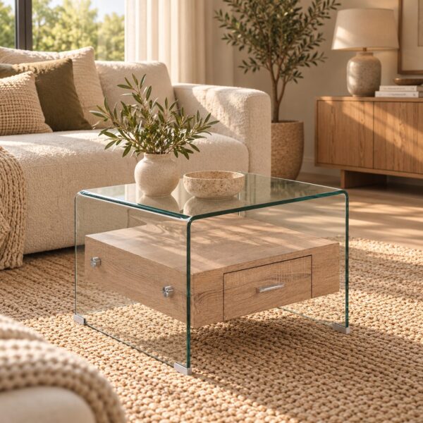 Mesa MARILYN, baja, madera, cristal, 50×50 cms