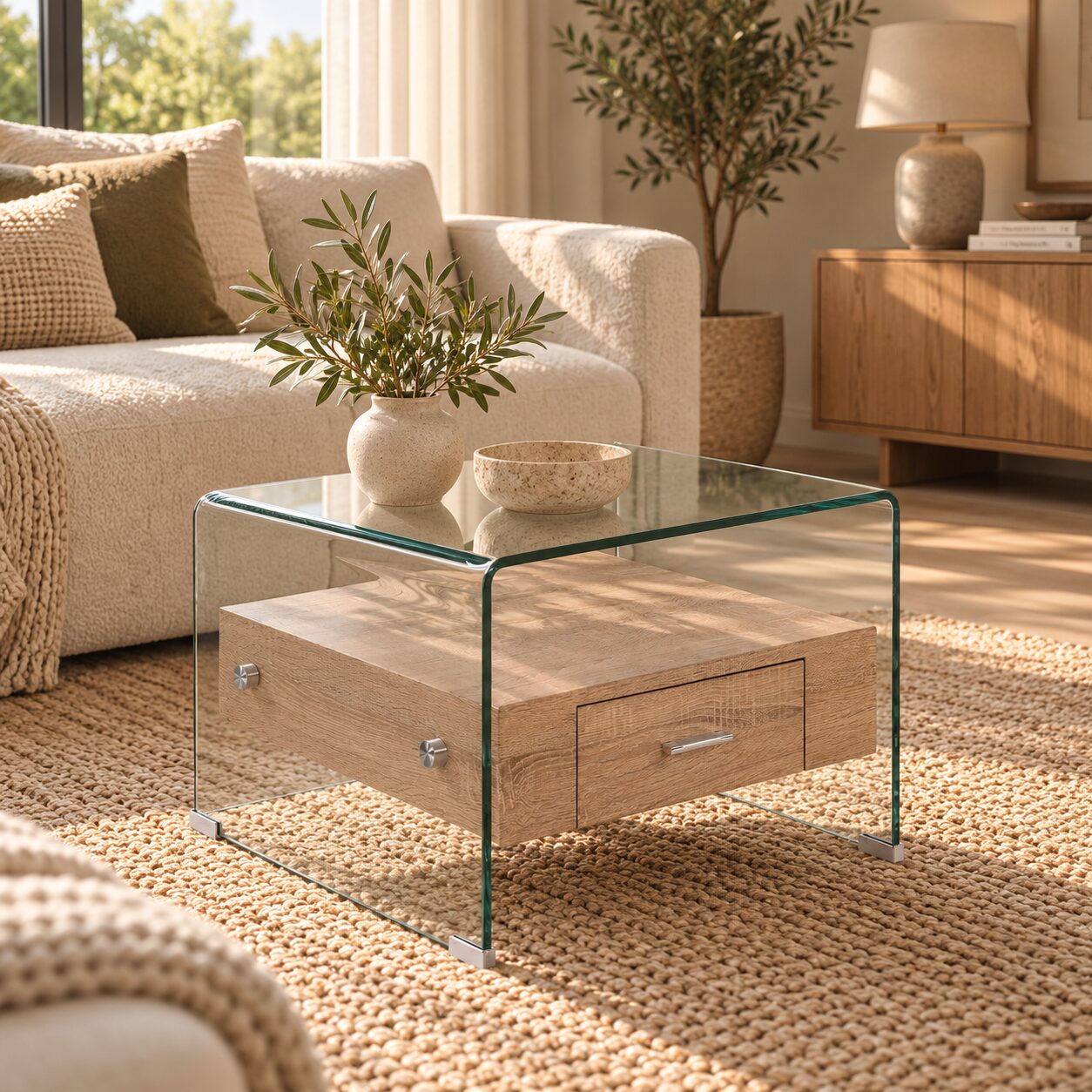 Mesa MARILYN, baja, madera, cristal, 50×50 cms