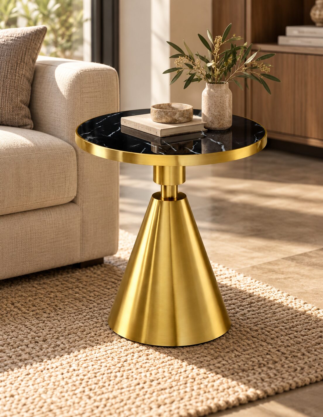 Mesa JASSY NE, baja, dorada, tapa cerámica mármol negro, 50 cms de diámetro
