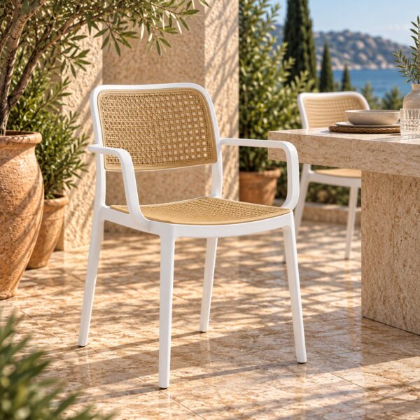 Sillón NIJAR BB, apilable, tratamiento anti UV, polipropileno blanco y beige