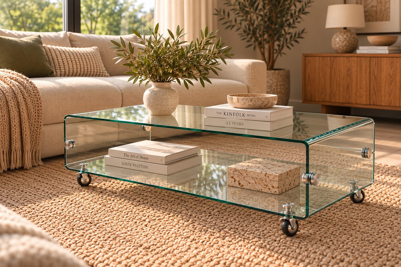 Mesa MELBOURNE, cristal curvado, ruedas, 120×60 cms