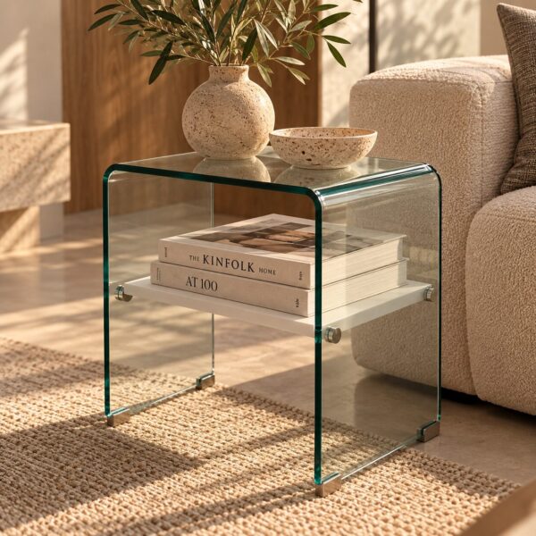 Mesa CORIN, cristal curvado, estante blanco 50×45 cms