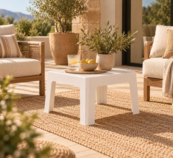 Mesa CARY, baja, apilable, polipropileno blanco.