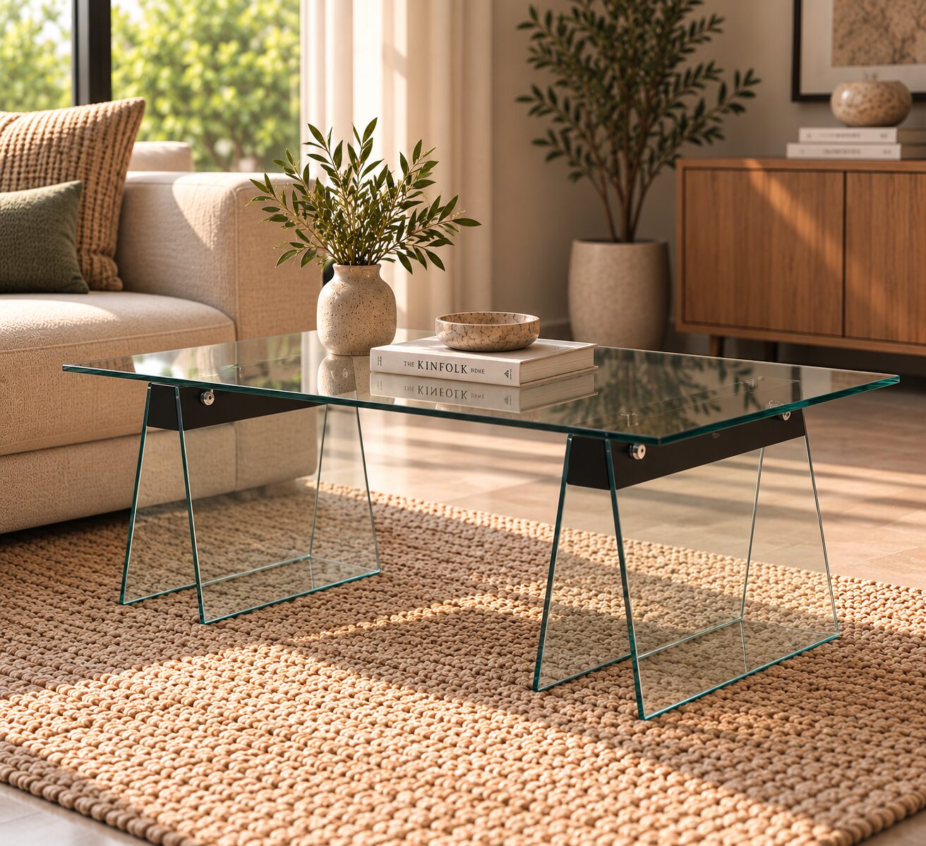 Mesa SELENE, baja, madera, cristal templado, 120×60 cms