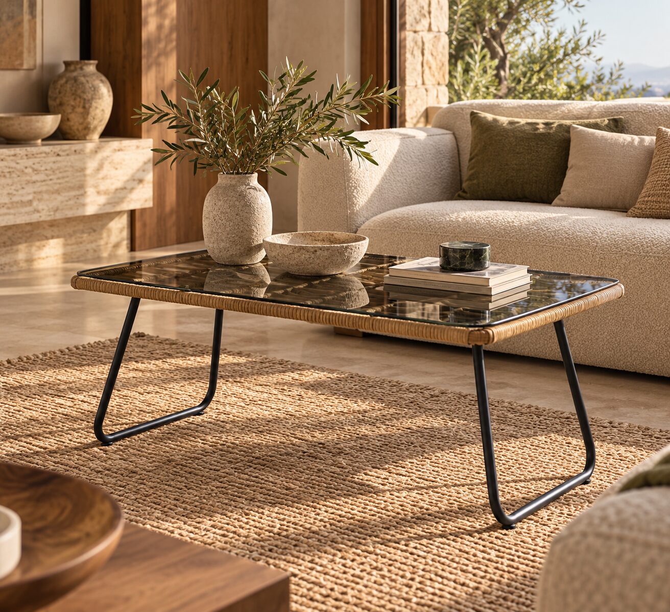 Mesa KROYA, baja, metal, ratán, cristal, 93 x 53 cms