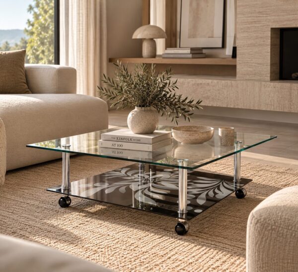 Mesa DURCAL, cristal, 100 x 100 cms