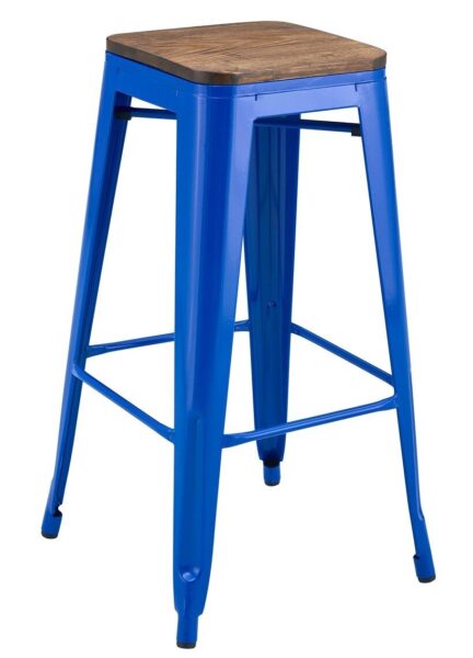 Taburete TOL EK WOOD, acero, azul, asiento madera