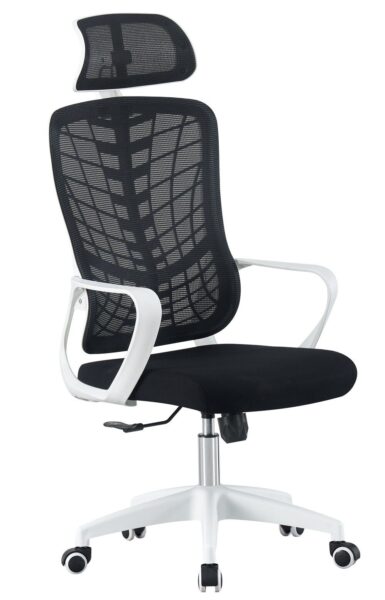 Sillón de oficina MELLAC, alto, blanco, malla y asiento negro