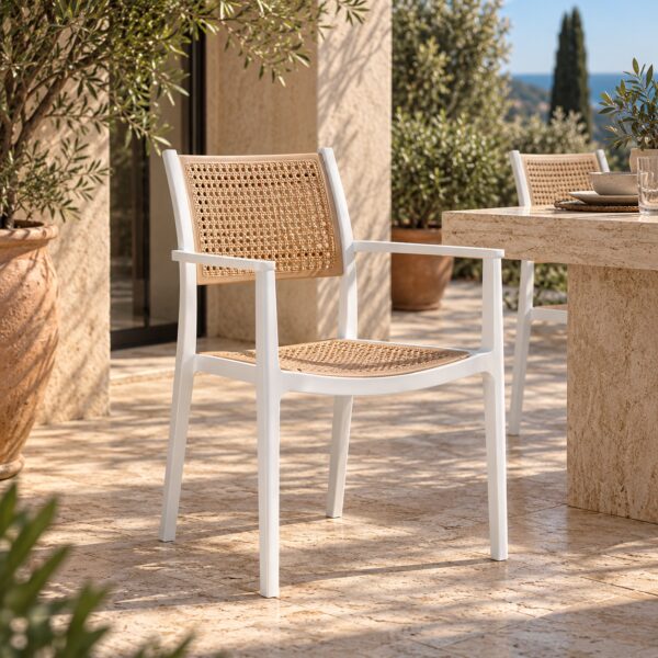 Sillón ALVOR, apilable, polipropileno blanco y beige