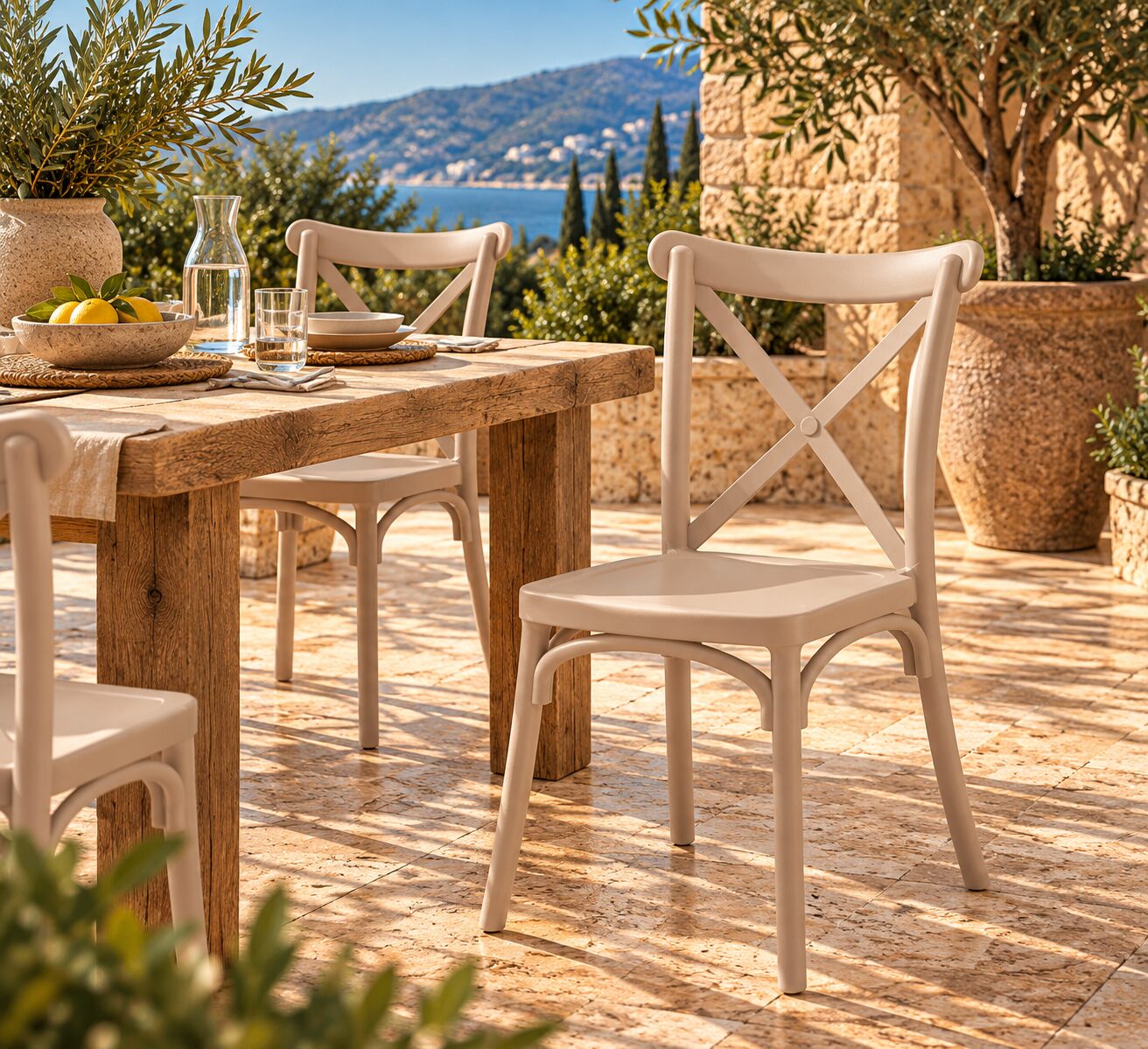 Silla CORFÚ, apilable, tratamiento anti UV, polipropileno tórtora