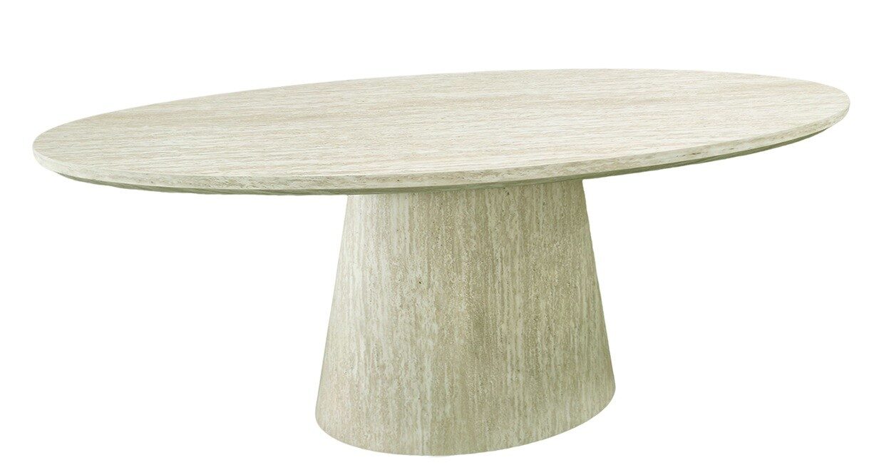 Mesa BRESLAVIA, ovalada, DM con acabado mármol travertino,  180 x 90 cms