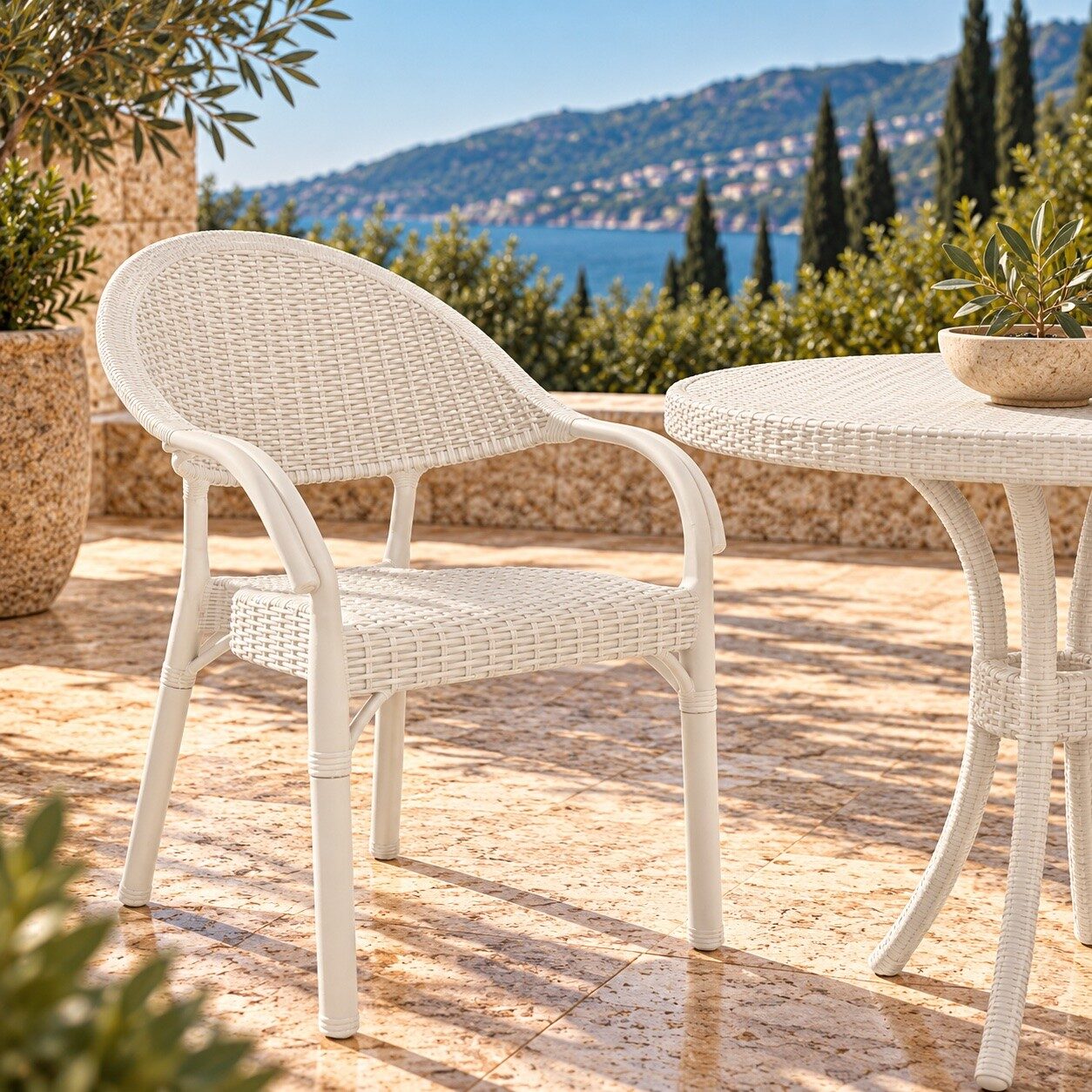 Sillón TORREMOLINOS, apilable, patas metálicas, polipropileno blanco