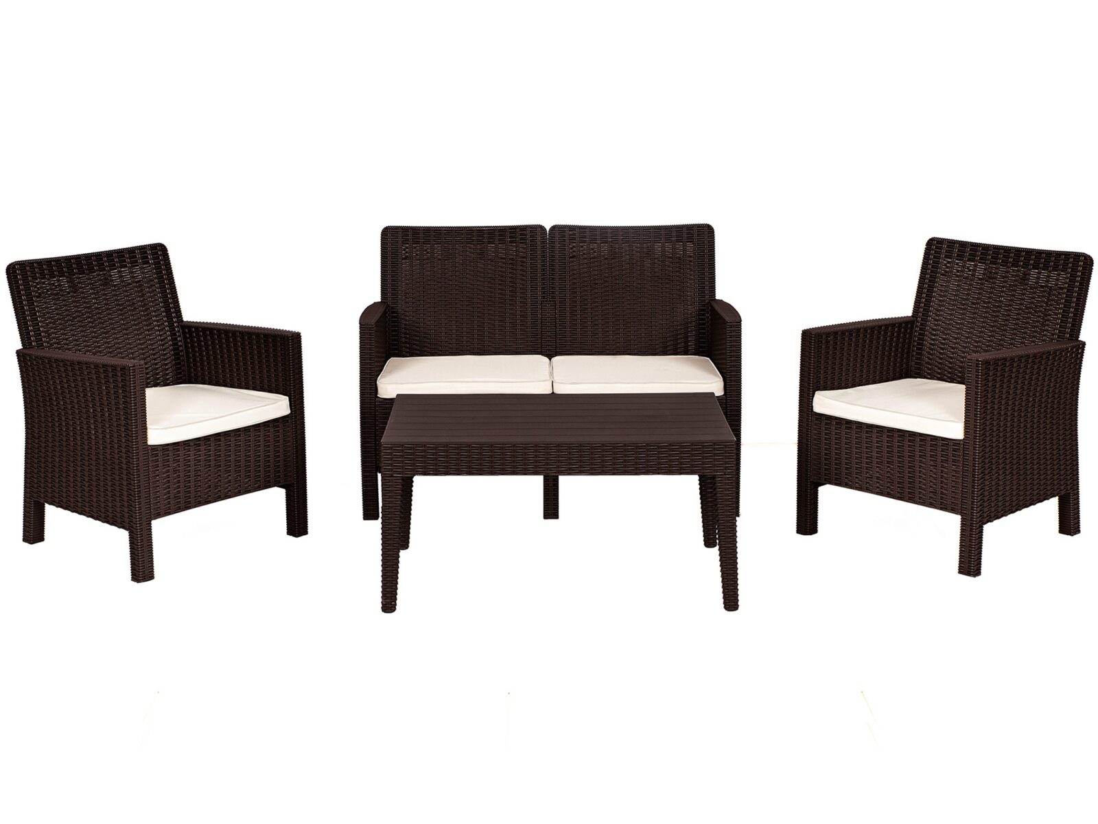 Set ADRIÁTICO, 2 Sillones + Sofá 2 plazas + mesa, polipropileno chocolate, cojines incluidos