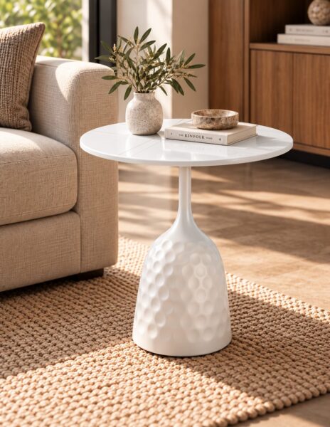 Mesa CAVEZZO, baja, blanca, tapa cerámica mármol blanco, 50 cms de diámetro