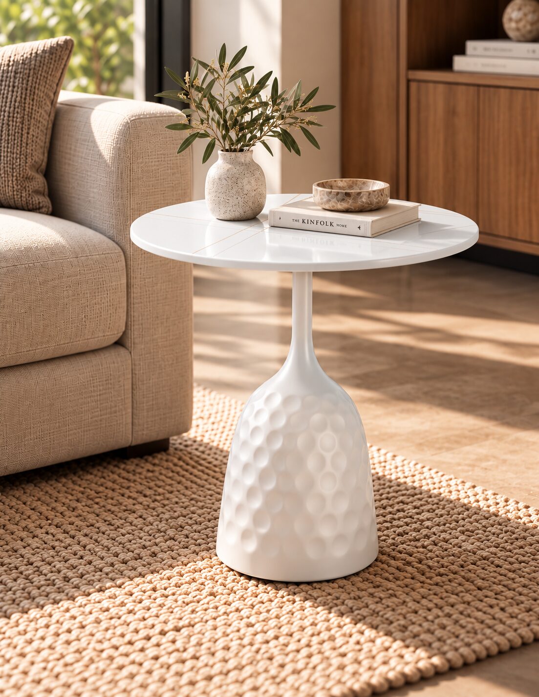 Mesa CAVEZZO, baja, blanca, tapa cerámica mármol blanco, 50 cms de diámetro