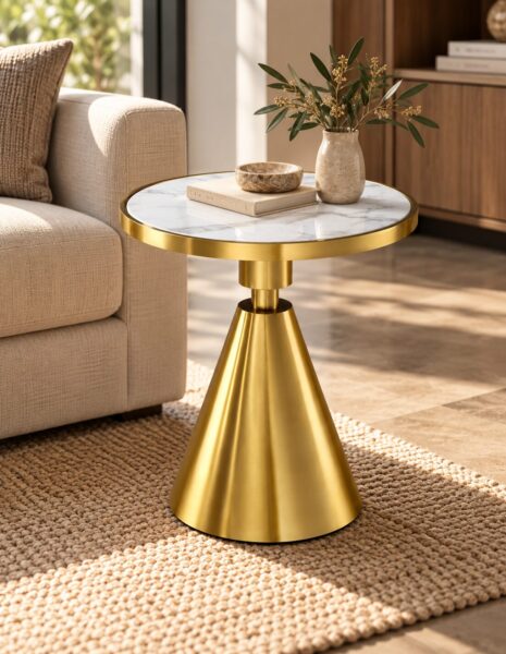 Mesa JASSY BL, baja, dorada, tapa cerámica mármol blanco, 50 cms de diámetro
