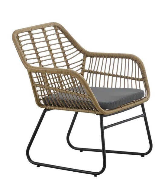 Sillón KROYA, metal, ratán beige, cojín negro