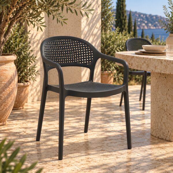 Sillón CASCAIS, apilable, imitación ratán, polipropileno gris oscuro