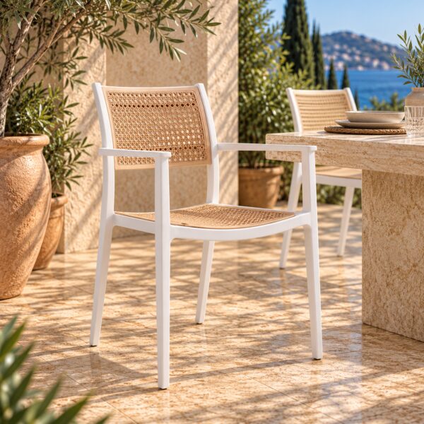 Sillón ALVOR 97, apilable, polipropileno blanco y beige