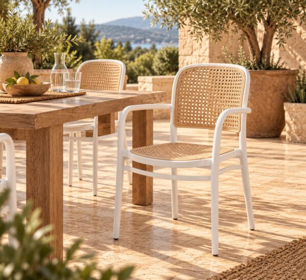 Sillón FUNCHAL 97, apilable, polipropileno blanco y beige