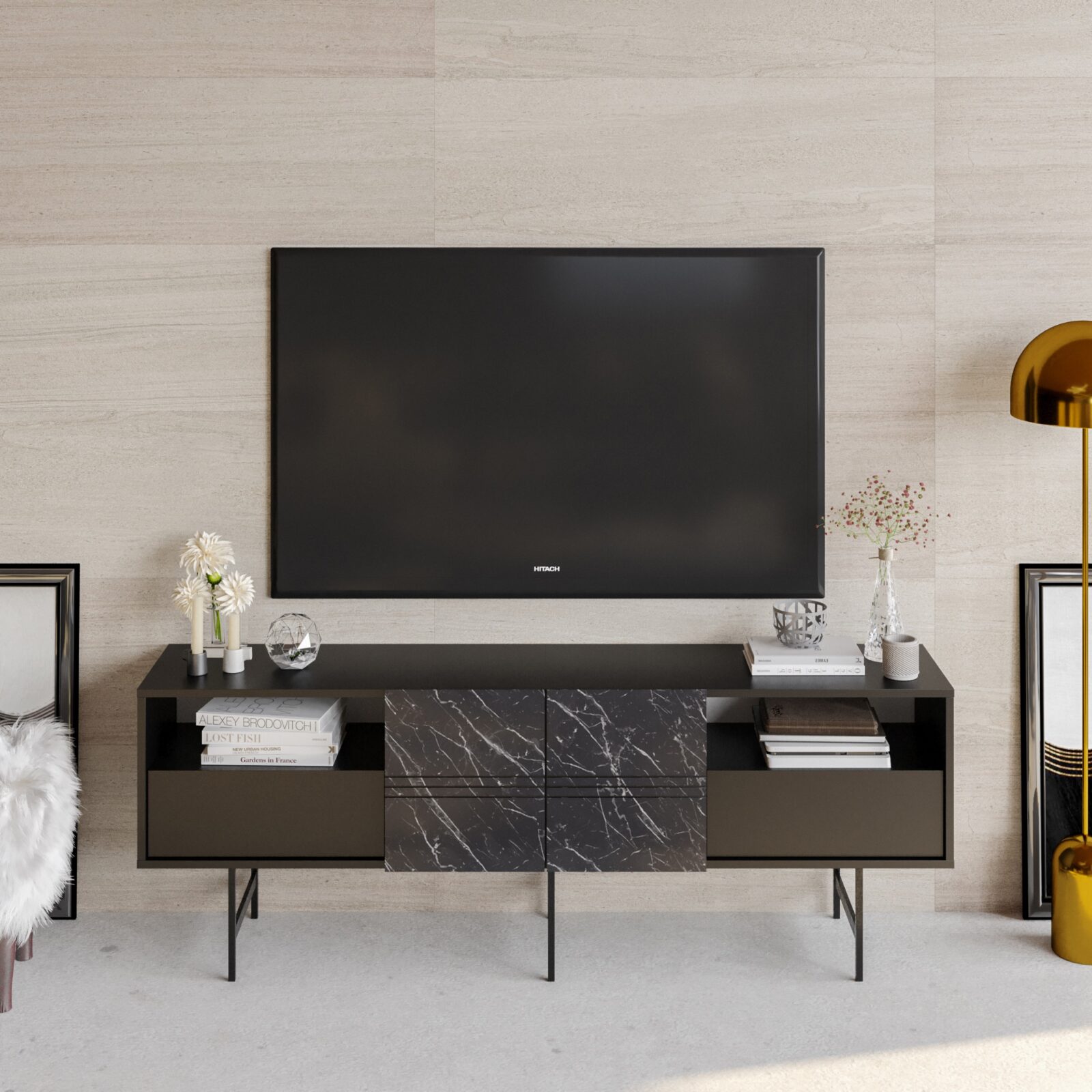 Mueble de TV SIMON, bilaminado mármol negro, 180 cms.