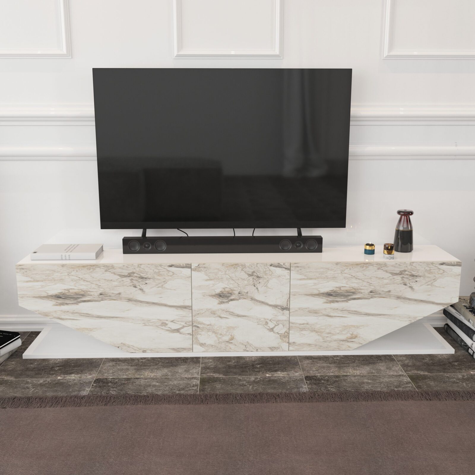 Mueble de TV VIOLET, bilaminado mármol blanco, 180 cms.
