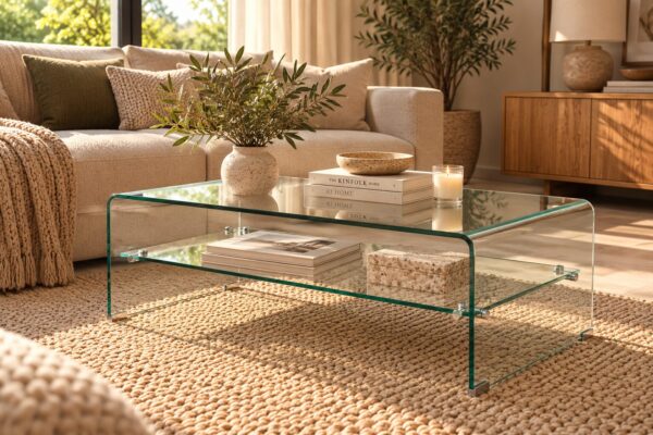 Mesa CHALLENGER, baja, cristal curvado, 110×55 cms