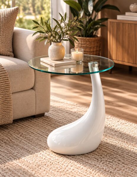 Mesa PEAR, baja, blanca, cristal, 50 cms de diámetro