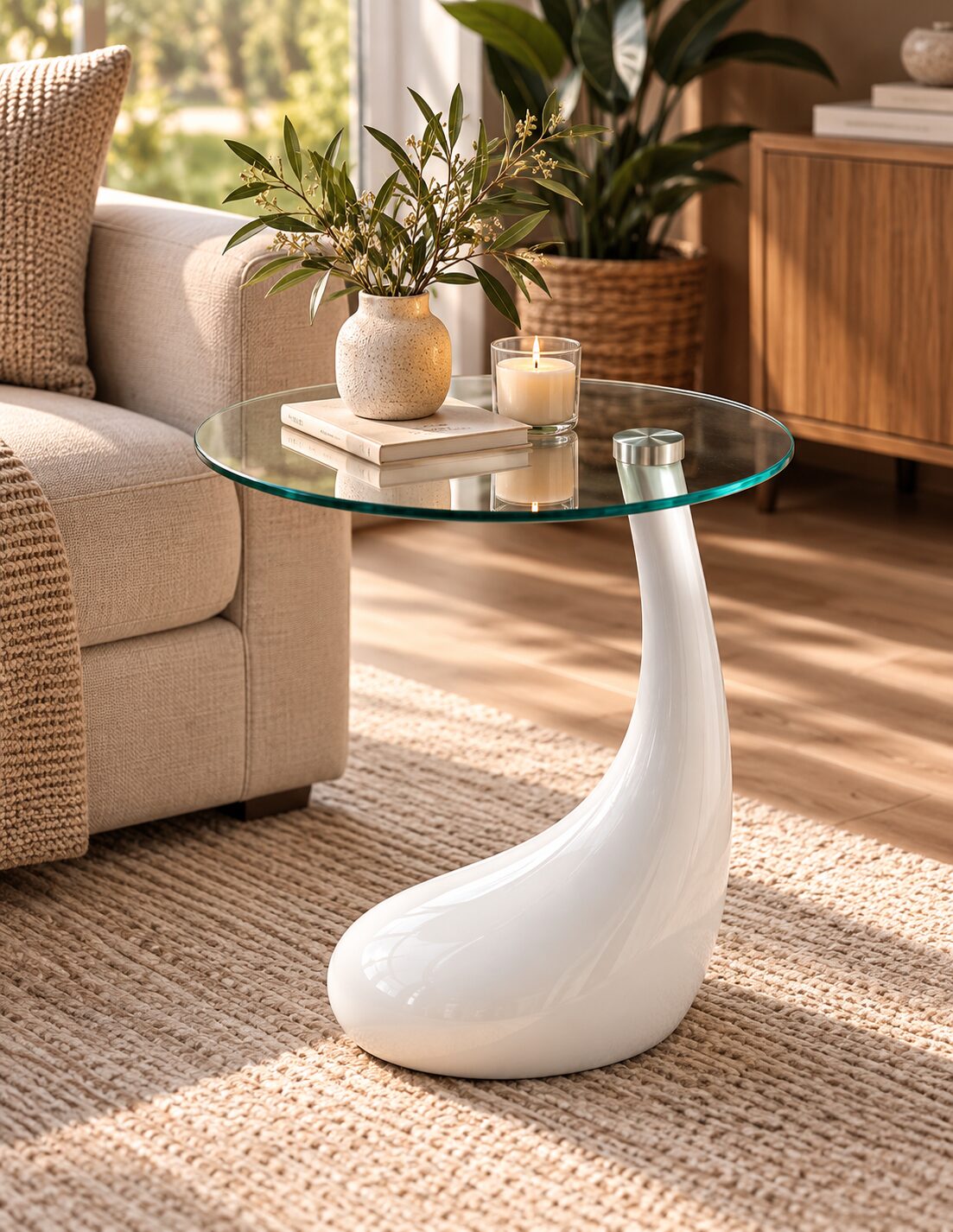 Mesa PEAR, baja, blanca, cristal, 50 cms de diámetro