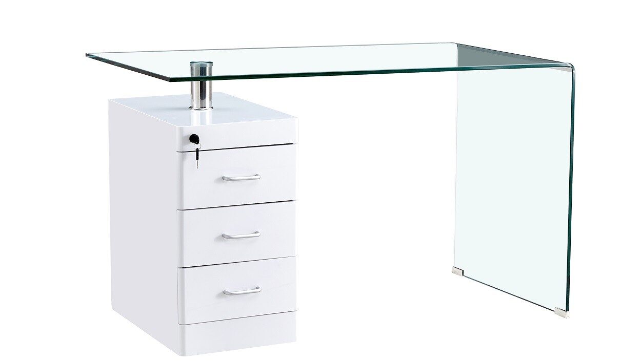 Mesa ARTEMISA, cristal curvado, cajonera, 125×65 cms