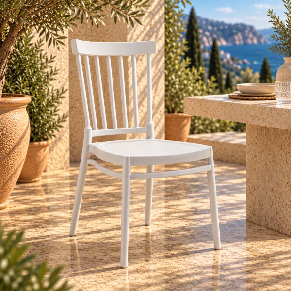 Silla MILOS NEW, apilable, tratamiento anti UV, polipropileno blanco