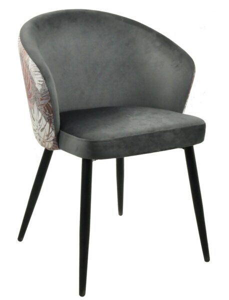 Silla LYDIA, metal, tapizado velvet gris con respaldo floral a juego