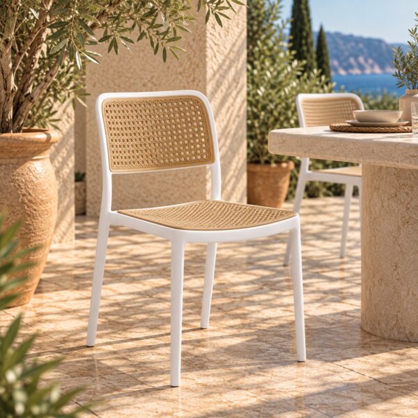 Silla NIJAR BB, apilable, tratamiento anti UV, polipropileno blanco y beige