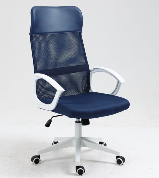 Sillón de oficina VERTON, blanco, malla y asiento azul oscuro