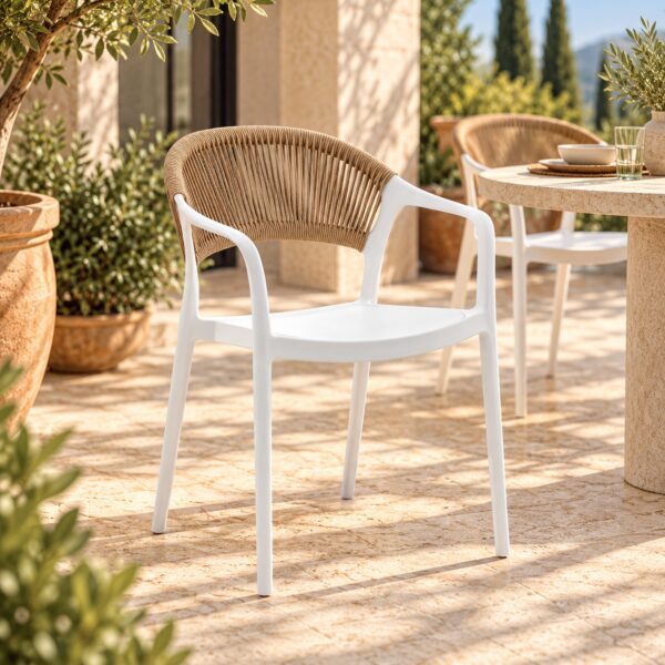 Sillón IBIZA, apilable, tratamiento anti UV, polipropileno blanco, cuerda natural