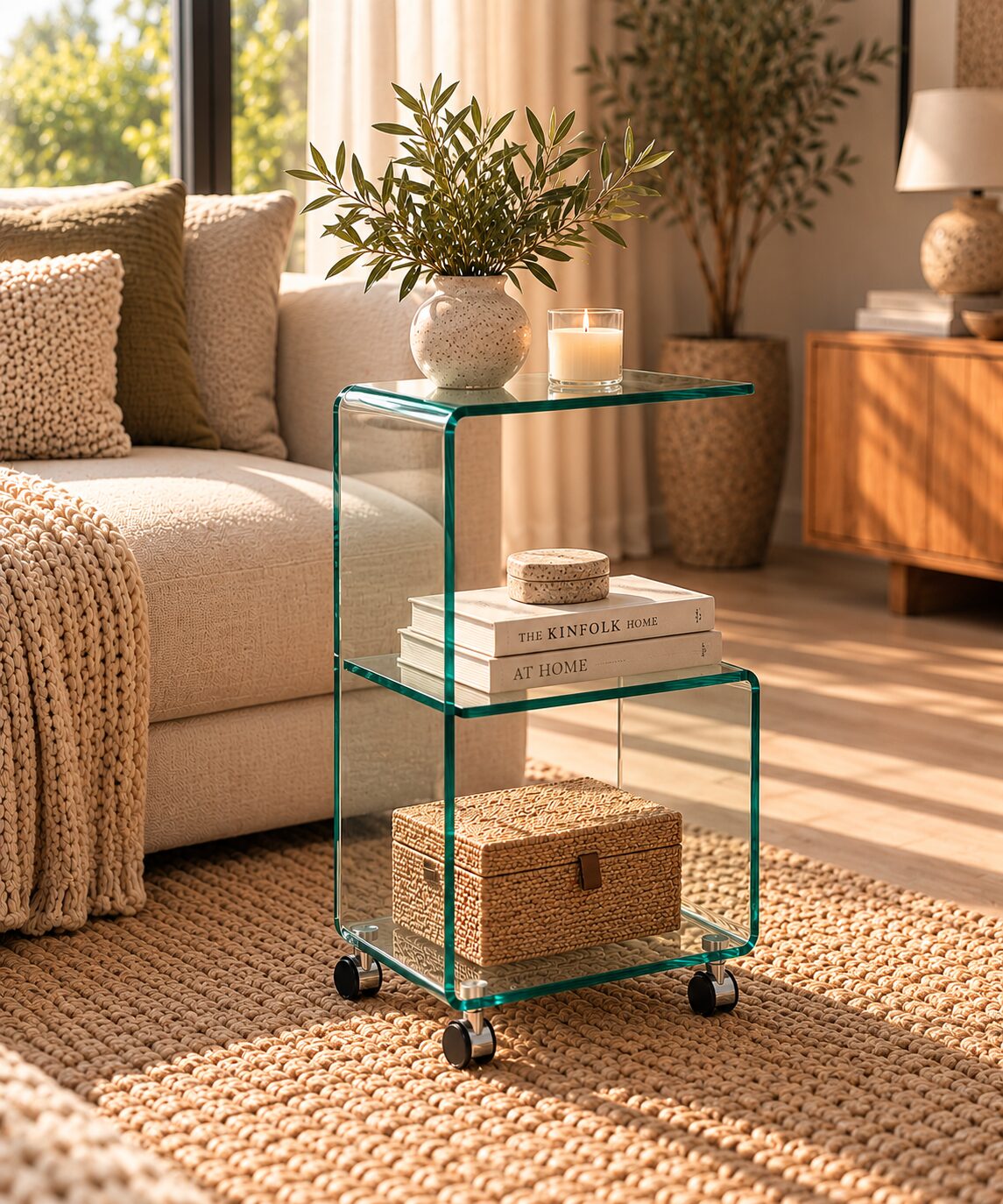 Mesa ABIGAIL, ruedas, cristal transparente, 40 x 40 cms