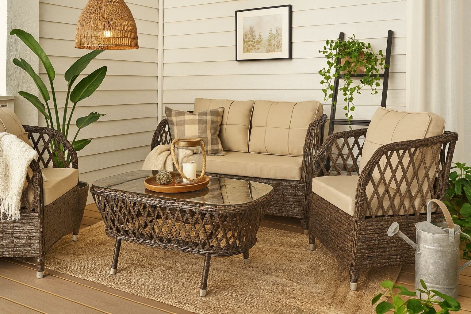 Set MARBELLA, 2 Sillones + Sofá 2 plazas + mesa, aluminio, ratán chocolate, cojines incluidos