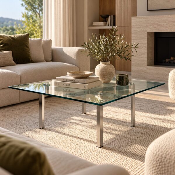 Mesa BCN, baja, acero inoxidable, cristal, 102×102 cms