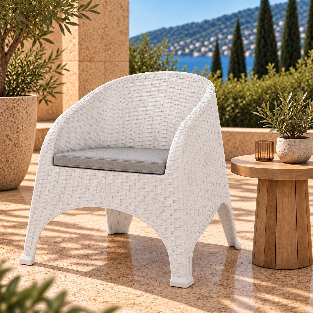 Sillón SURF, apilable, polipropileno blanco, cojín gris