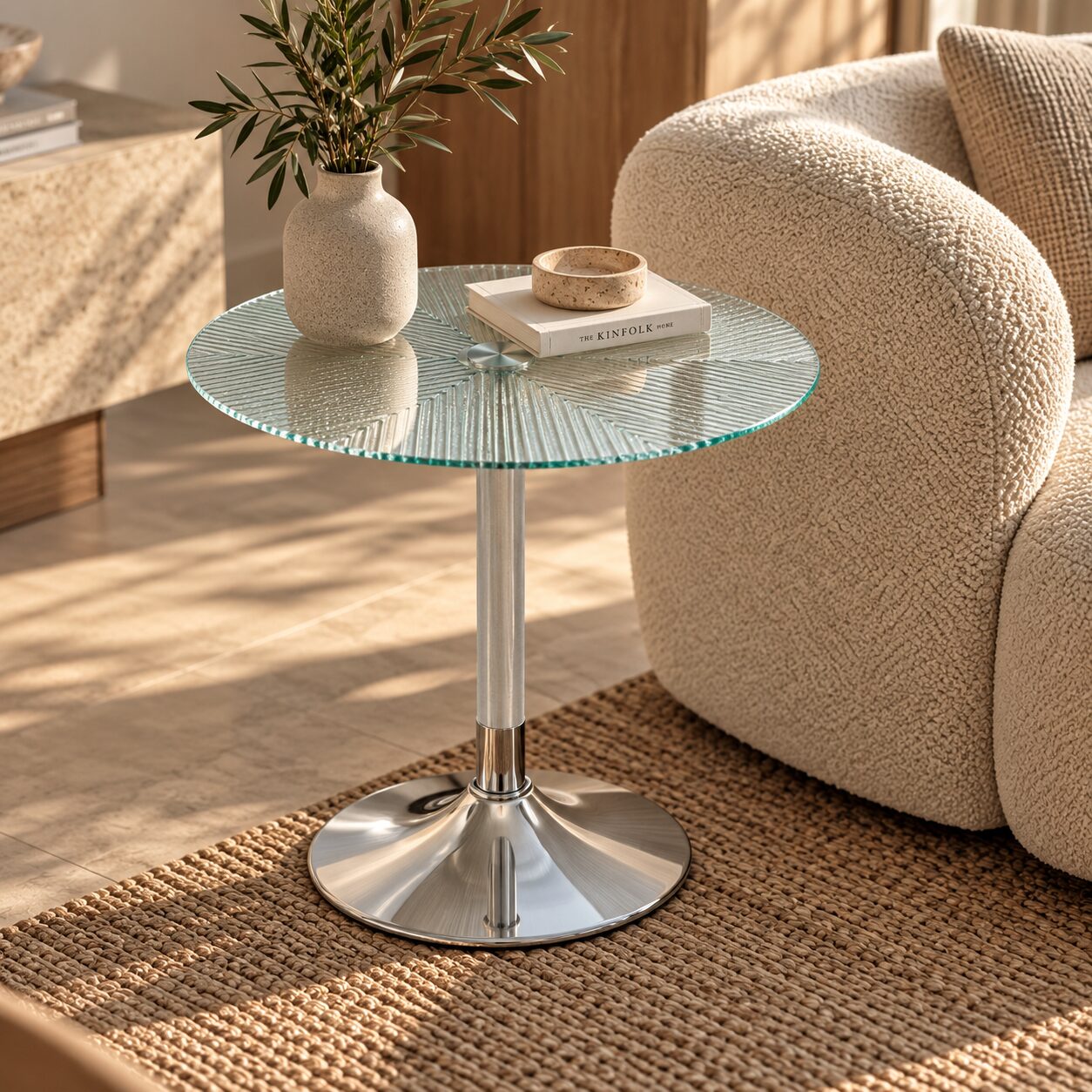 Mesa AVEIRO, baja, cromada, cristal templado térmico,  50 cms diámetro